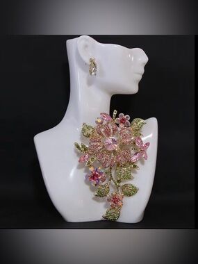 Gold-Tone Pink & Green Floral Crystal Brooch -